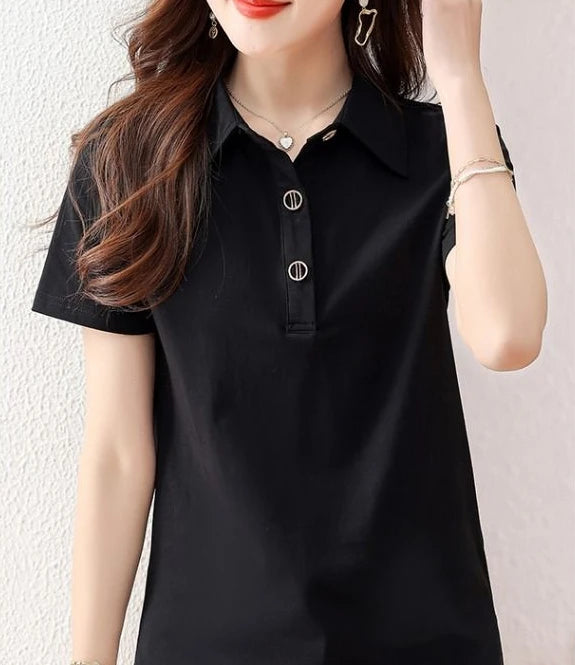 Button T-shirts Summer Outfit Black Women's Polo Short Sleeve Plain in Trend 2025 Korean Popular Clothes Original New Female Tee