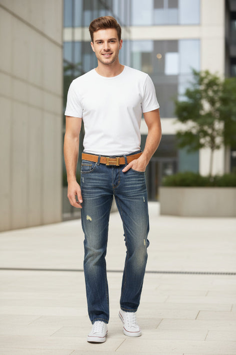 Blue jeans with a brown belt on a white background