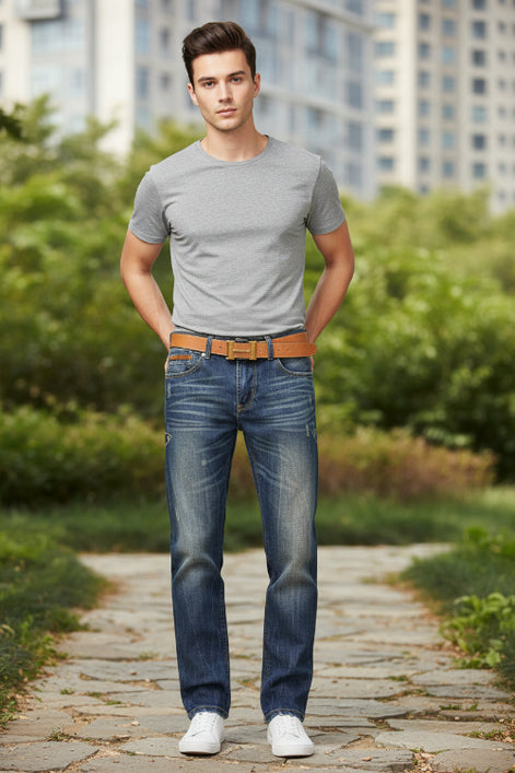 Blue jeans with a brown belt on a white background