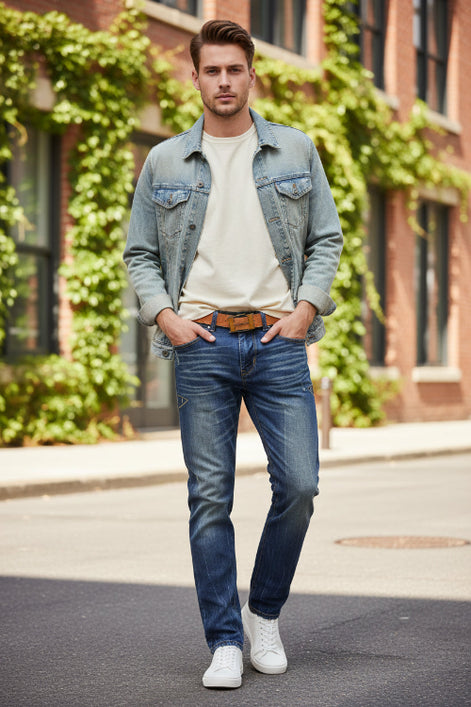 Blue jeans with a brown belt on a white background