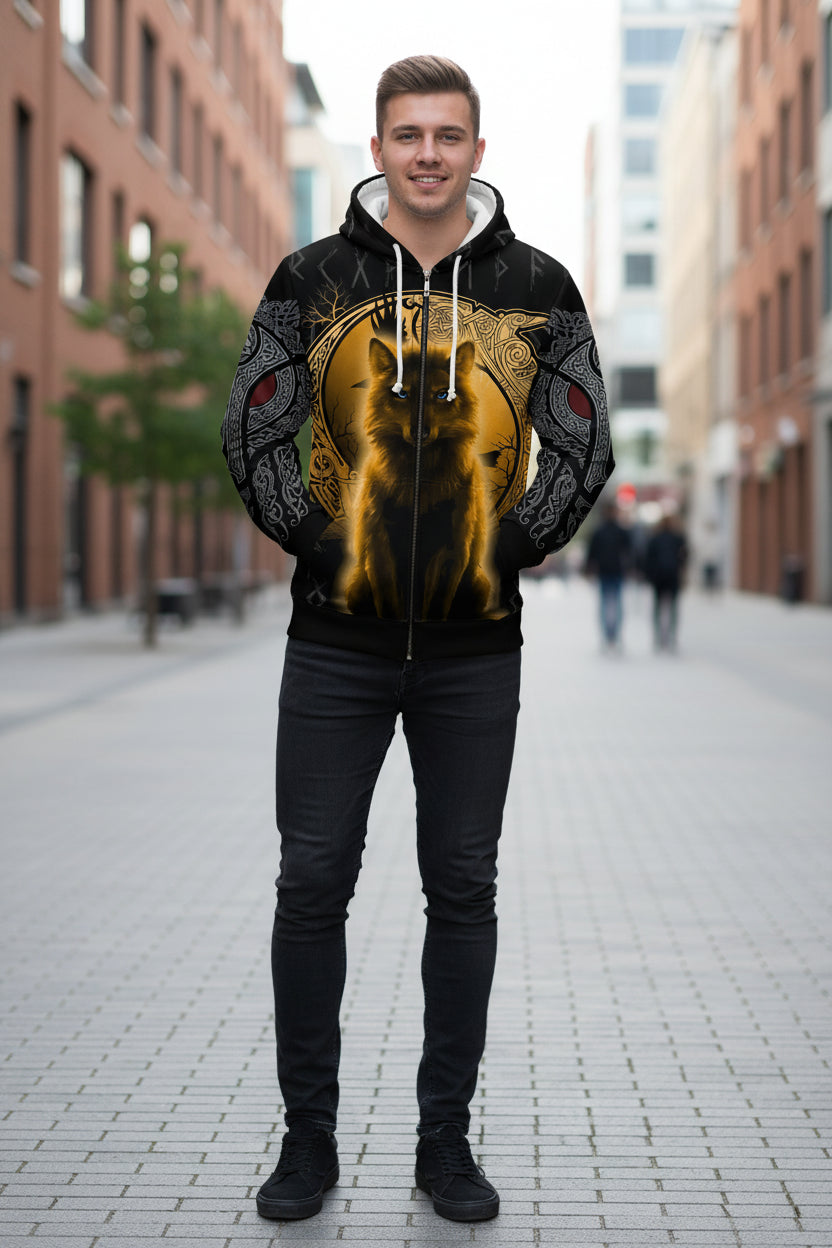 Hoodie with a wolf design andRunes on a black background