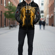 Hoodie with a wolf design andRunes on a black background