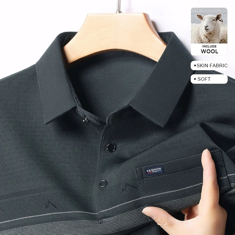 Luxury Wool Blend Fabric Men's Long Sleeve Polo  Classic