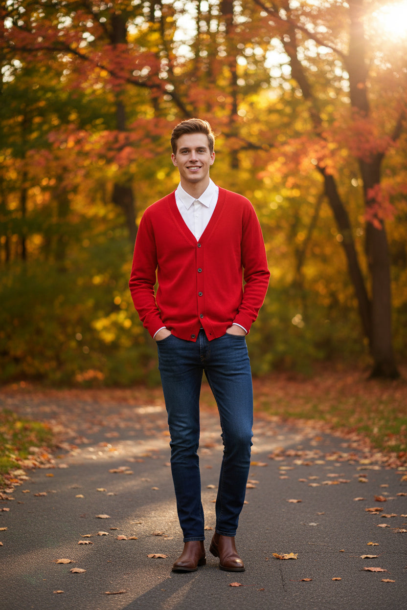 Red cardigan over a white shirt on a wooden hanger against a dark background
