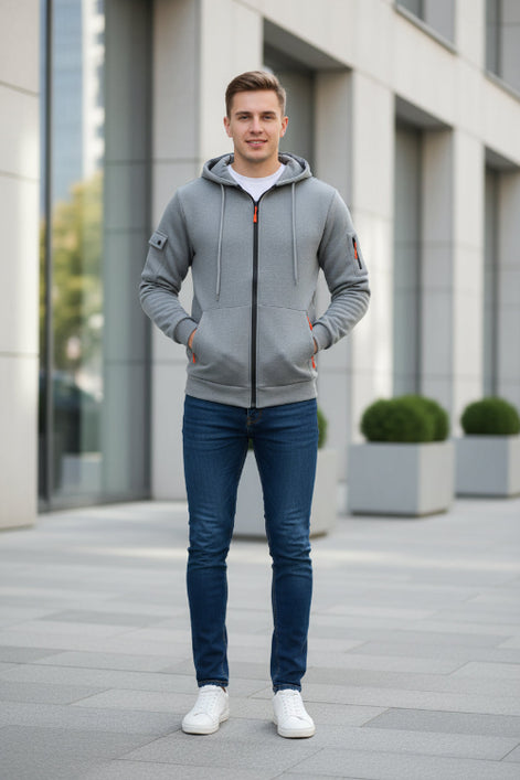 Gray hoodie with orange accents on a white background