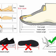 Instructions for measuring and fitting insoles with diagrams and measurements.