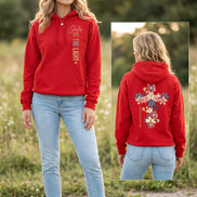A red pullover hoodie shown on a model from both the front and back. The front features the text 'Jesus IS THE LIGHT' printed vertically in white and gold.