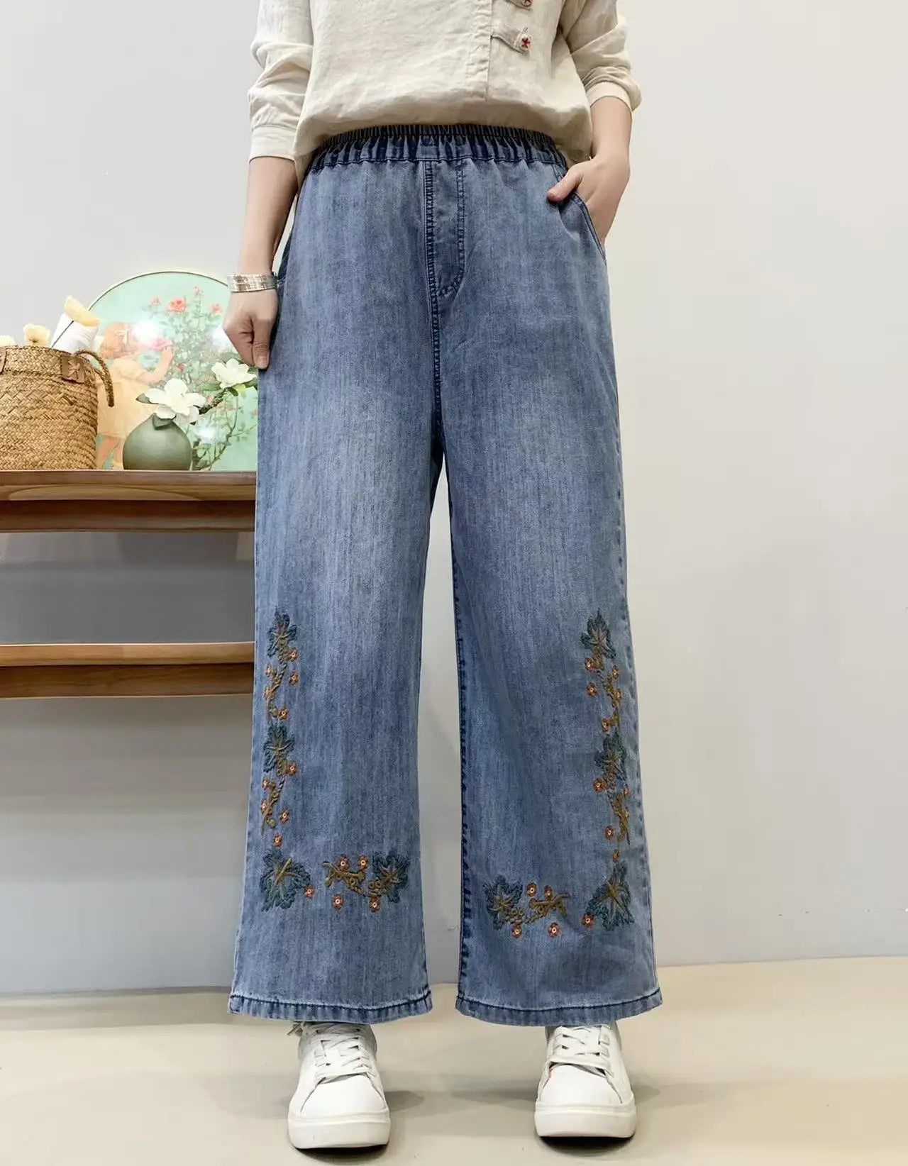 Spring Summer Ethnic Style Vintage Floral Embroidery Denim Wide Leg Pants Women High Elastic Waist Hole Casual Straight Jeans