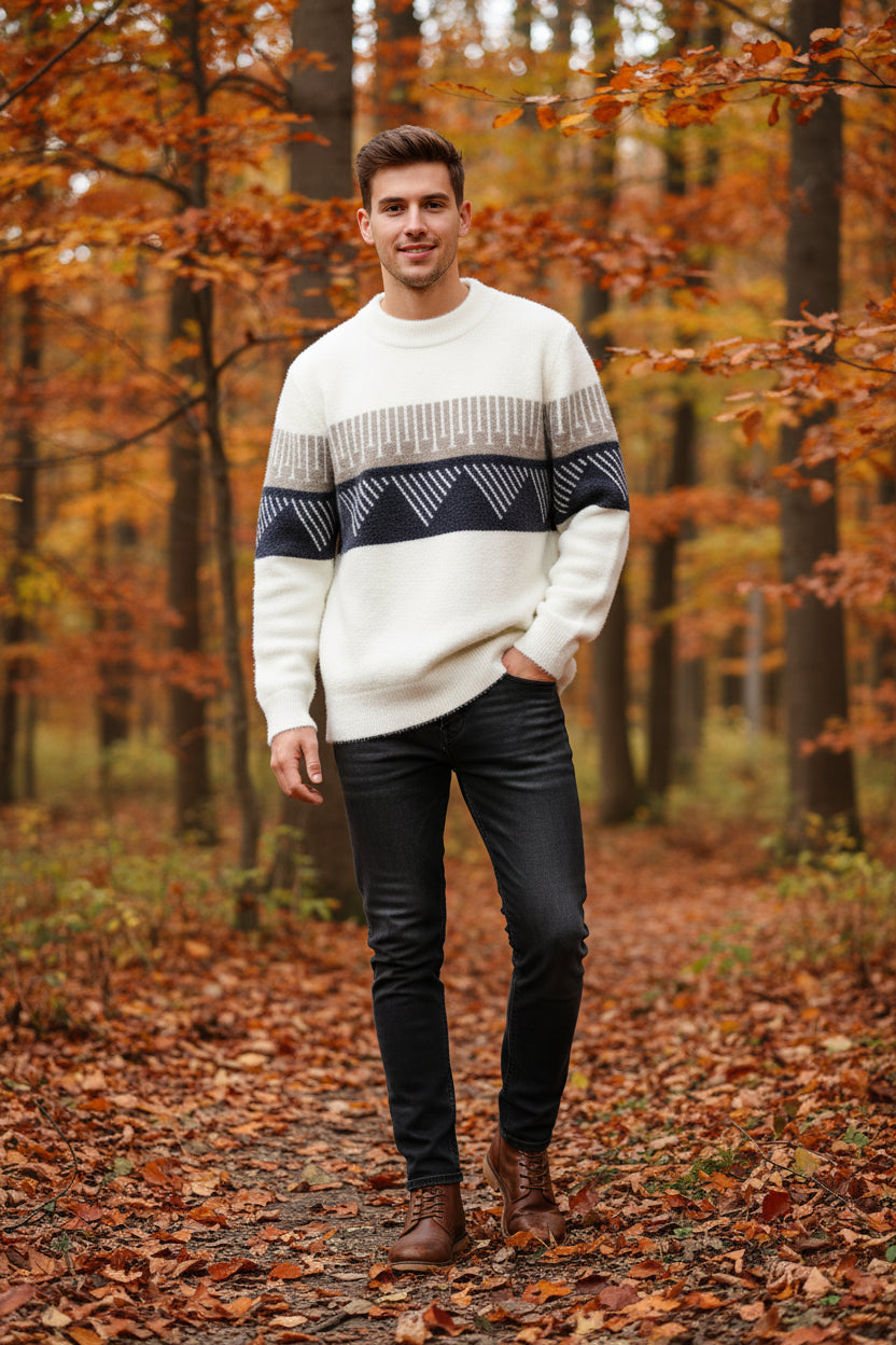 White sweater with black and gray geometric pattern on a white background