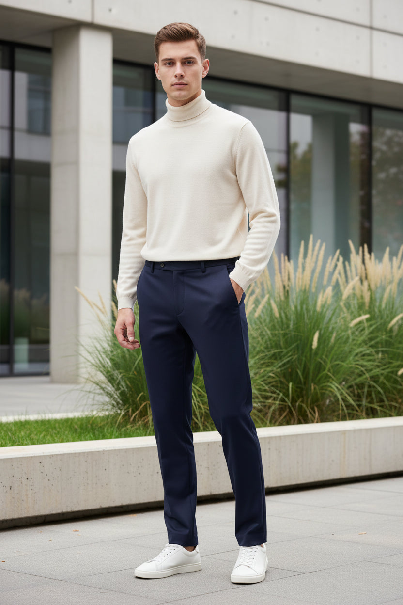 Navy blue pants on a gray background