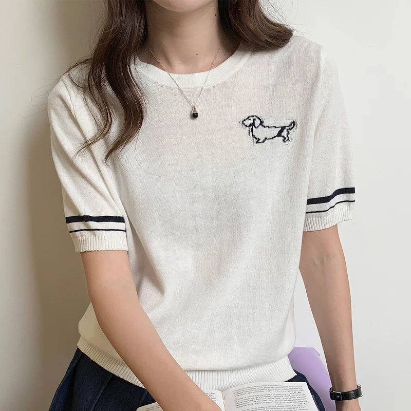 Summer 100% cotton women's T-shirt casual solid color knitted pullover short sleeved loose round neck Tees Pull embroidered Tops
