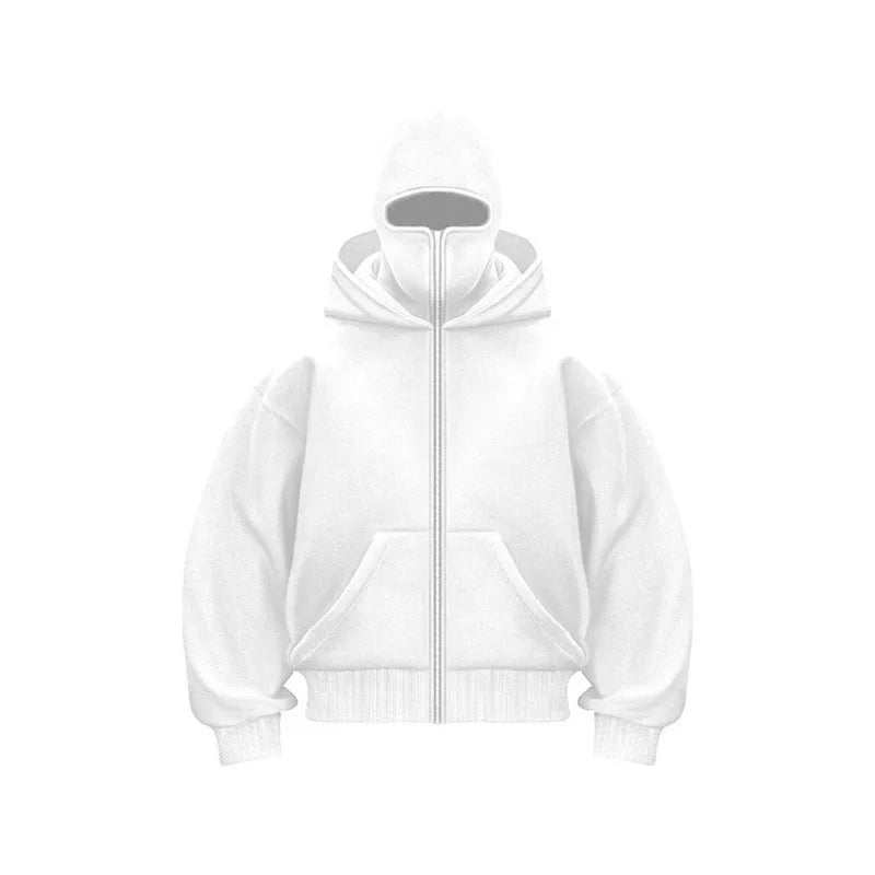 Men's Full Zip Hoodie with Built-in Face Mask Balaclava Techwear Sweatshirt with Crossbody Strap Tactical Streetwear Top