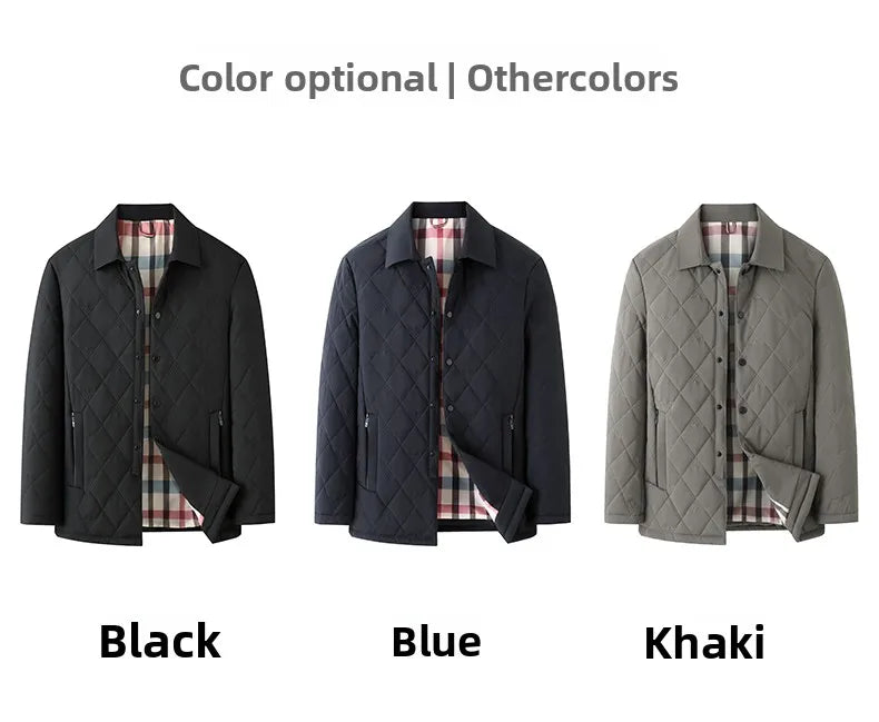Top Grade Men Parka Jacket Windbreaker Coats Diamond Quilted Bubble Coat Middle-aged Winter Warmth Turn-Down Collar Coat