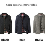 Three quilted men's jackets shown side by side on a white background with the text 'Color optional | Othercolors' above and color labels below: Black, Blue, and Khaki. Each jacket is shown open to reveal a plaid lining.