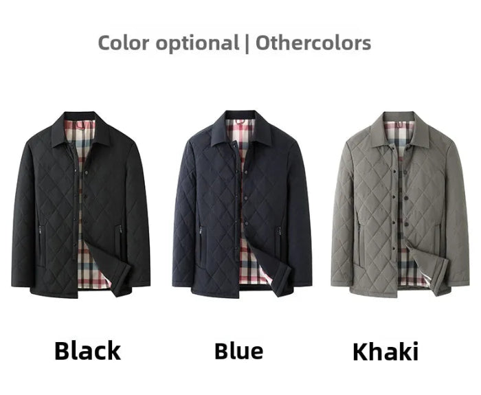Three quilted men's jackets shown side by side on a white background with the text 'Color optional | Othercolors' above and color labels below: Black, Blue, and Khaki. Each jacket is shown open to reveal a plaid lining.