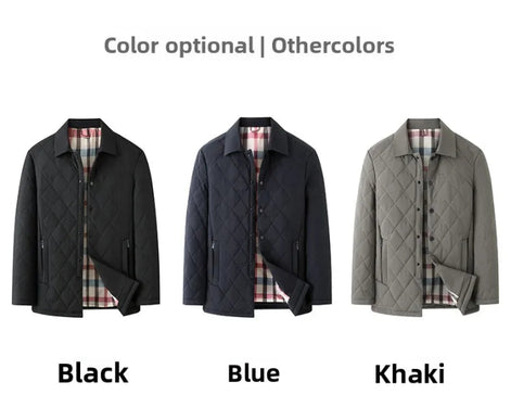 Three quilted men's jackets shown side by side on a white background with the text 'Color optional | Othercolors' above and color labels below: Black, Blue, and Khaki. Each jacket is shown open to reveal a plaid lining.