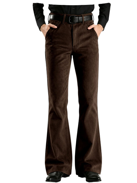 A pair of dark brown flared corduroy pants shown on a model from the waist down, styled with a black shirt, black belt, and black shoes against a plain white background.