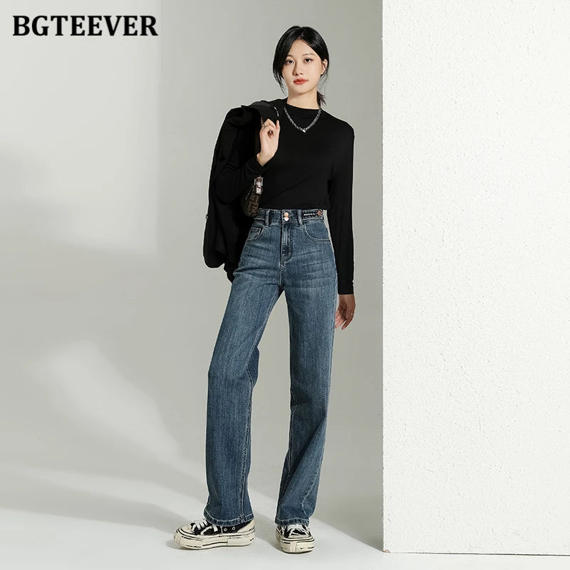 BGTEEVER Vintage Double Buttons Straight Jeans Pants Women Spring Autumn High Waist Loose Pockets Female Wide Leg Denim Trousers