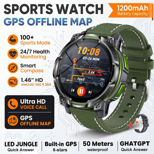 An olive green sports watch with a rugged strap and metallic silver bezel, shown on a white background with promotional text highlighting GPS offline map, 1200mAh 