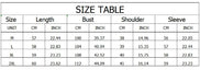 A size table chart with columns for Size, Length, Bust, Shoulder, and Sleeve, showing measurements in centimeters and inches for M, L, XL, and 2XL sizes.