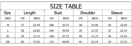 A size table chart with columns for Size, Length, Bust, Shoulder, and Sleeve, showing measurements in centimeters and inches for M, L, XL, and 2XL sizes.