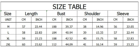 A size table chart with columns for Size, Length, Bust, Shoulder, and Sleeve, showing measurements in centimeters and inches for M, L, XL, and 2XL sizes.
