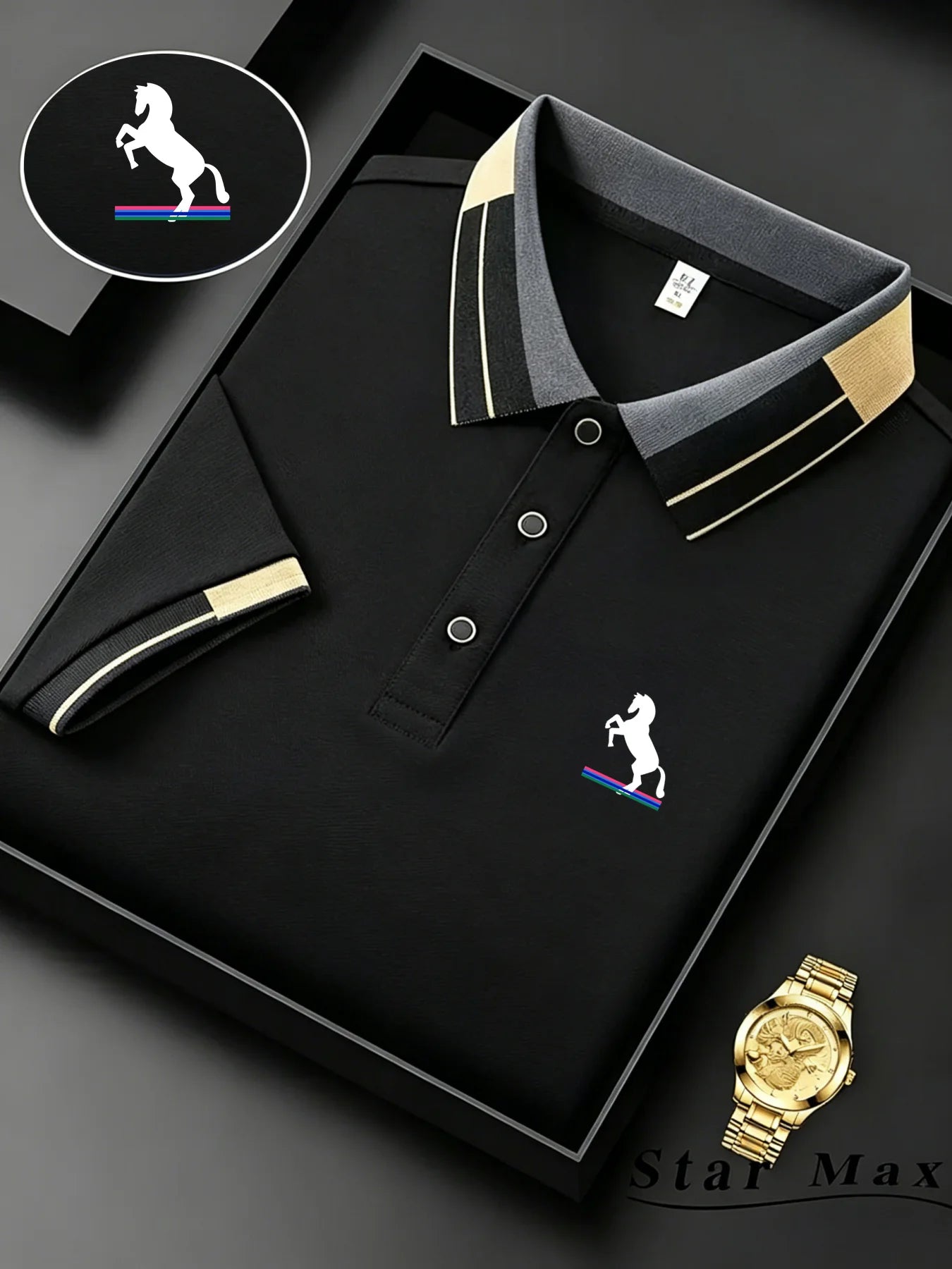 Black polo shirt with gold accents and a logo, placed on a dark surface with a gold watch beside it.