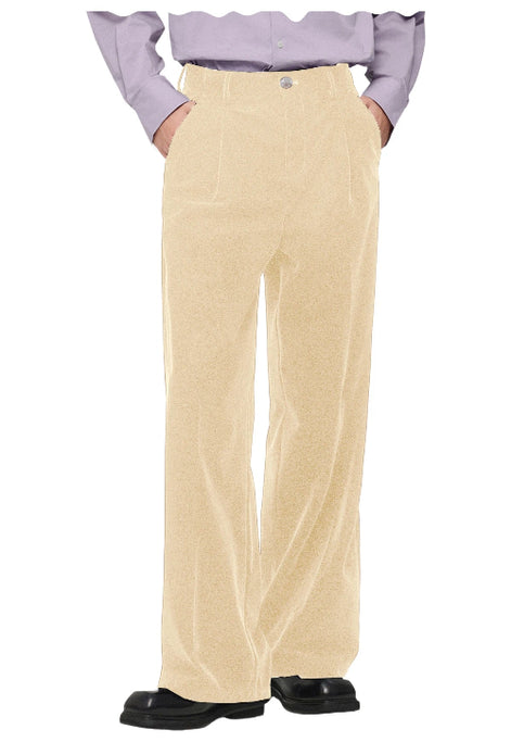 A person shown from the waist down wearing high-waisted, wide-leg corduroy trousers in a light beige color, paired with a lavender shirt and black shoes