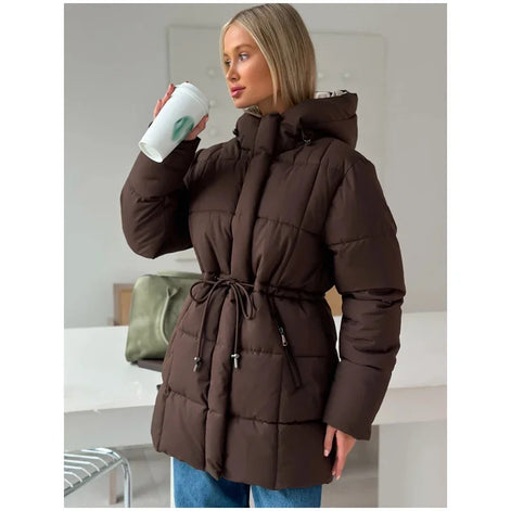 Brown Hooded Quilted Cotton Jacket Fashion Waist Cinch Drawstring Zip Pocket Warm Coat 2026 Women's Winter Casual Street Outfit