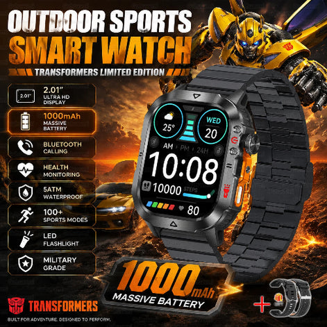 A Transformers-themed promotional graphic for an outdoor sports smart watch. 