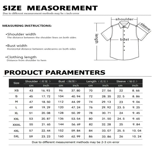 Measurement chart for shirt sizes with shoulder, bust, and length dimensions.