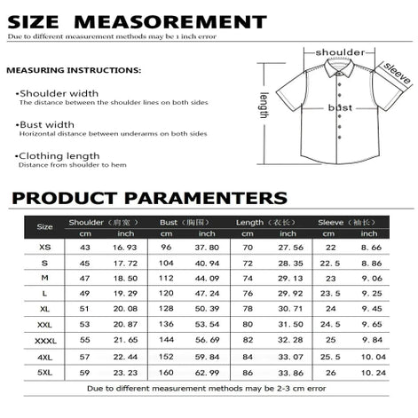 Measurement chart for shirt sizes with shoulder, bust, and length dimensions.
