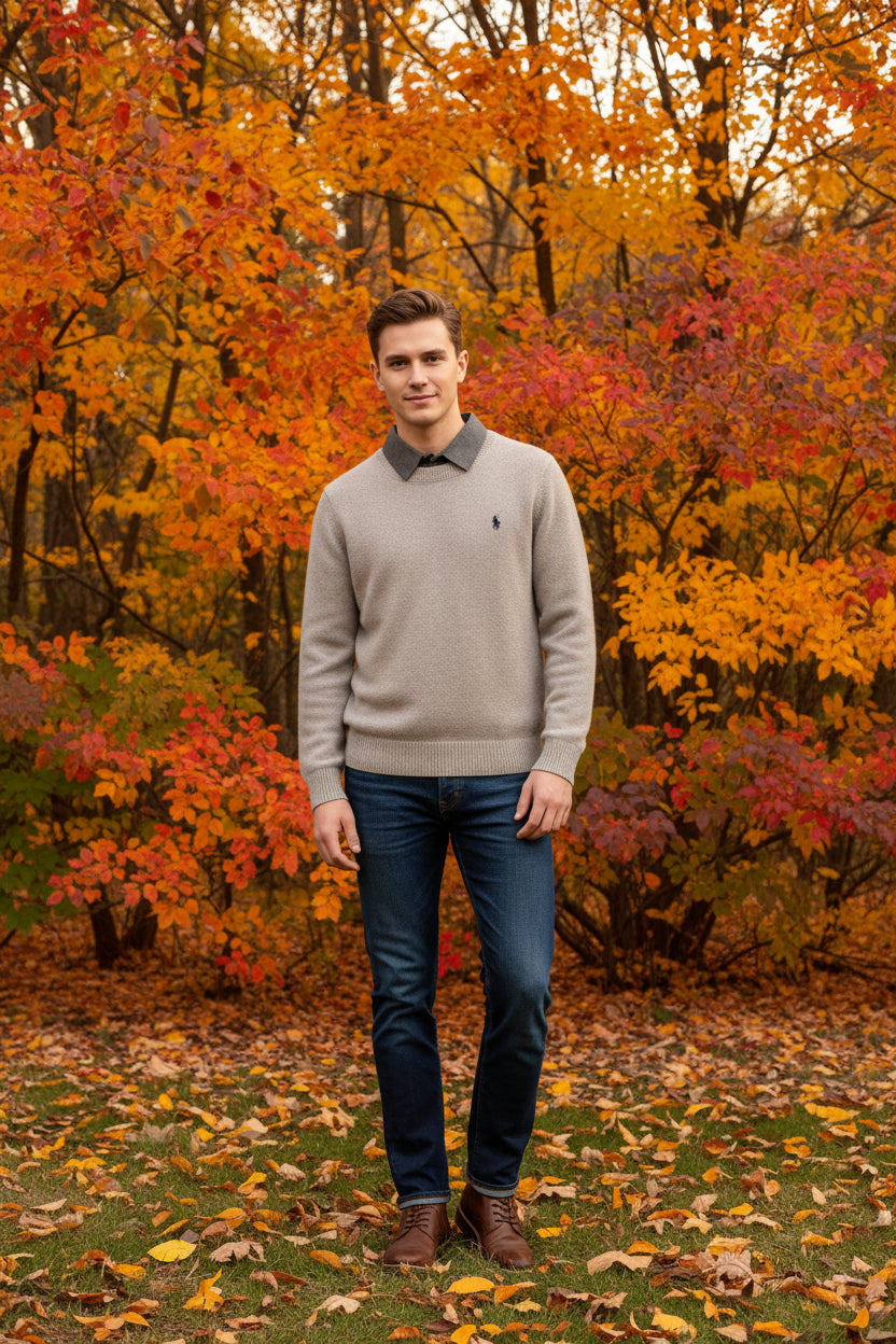 Gray sweater with a collar held by a hand, with more sweaters on hangers in the background.