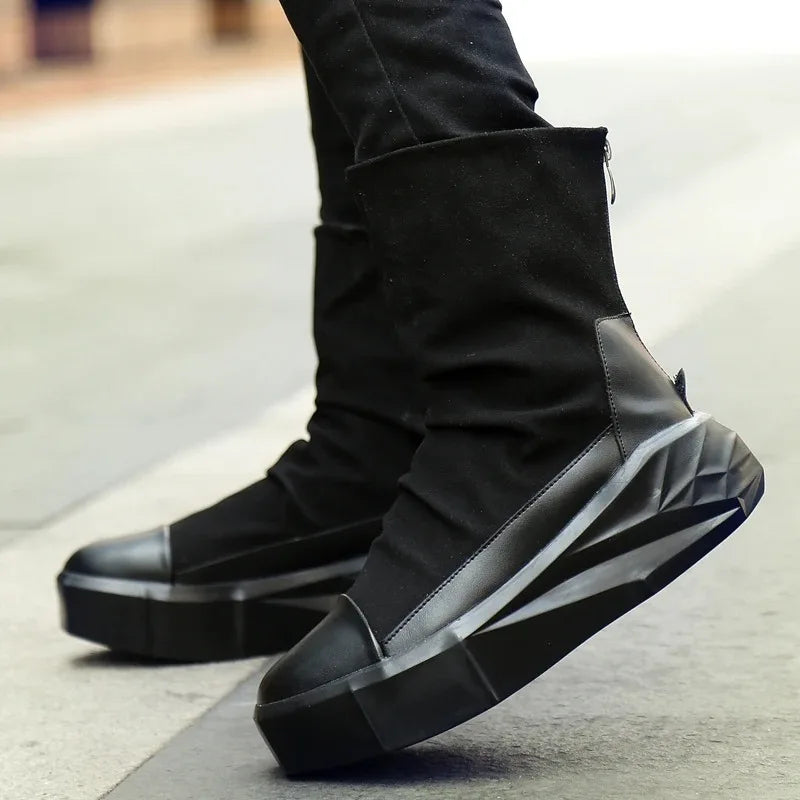 Men 6 cm Height Increasing Platform Boots Back Zip Leather Shoes Male Mixed Colors Y3 High Top Black White Men's Boots