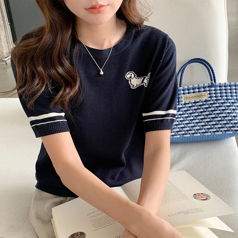 Summer 100% cotton women's T-shirt casual solid color knitted pullover short sleeved loose round neck Tees Pull embroidered Tops