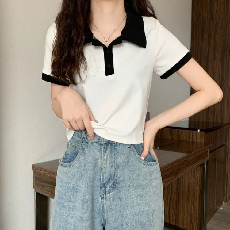 Summer 2026 Women New Arrival Slim Fit Versatile Polo Collar Color Block Short T Shirt Short Sleeve Unique Top Ins Trendy