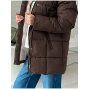 Brown Hooded Quilted Cotton Jacket Fashion Waist Cinch Drawstring Zip Pocket Warm Coat 2026 Women's Winter Casual Street Outfit