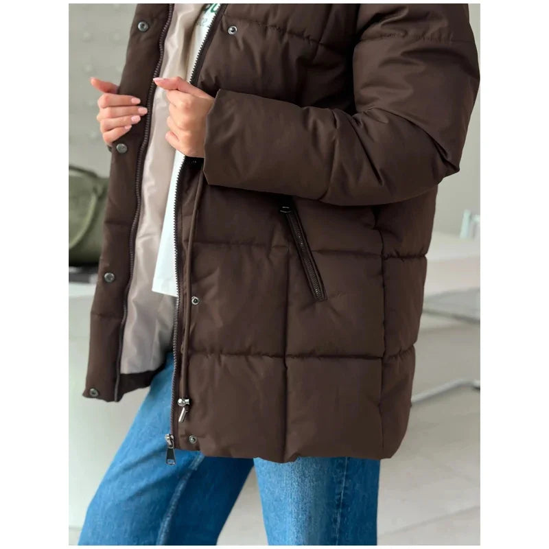 Brown Hooded Quilted Cotton Jacket Fashion Waist Cinch Drawstring Zip Pocket Warm Coat 2026 Women's Winter Casual Street Outfit