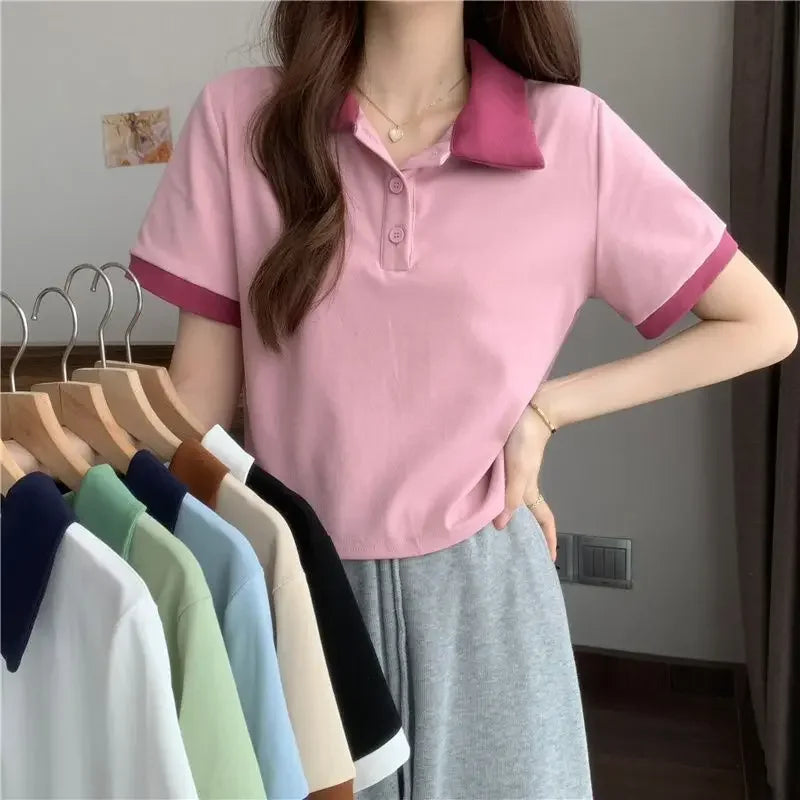 Plain Female Tee Slim Women's Polo Shirts T-shirts Short Sleeve T-shirt in Trend 2025 Youthful Clothes Korean Clothing Elegant