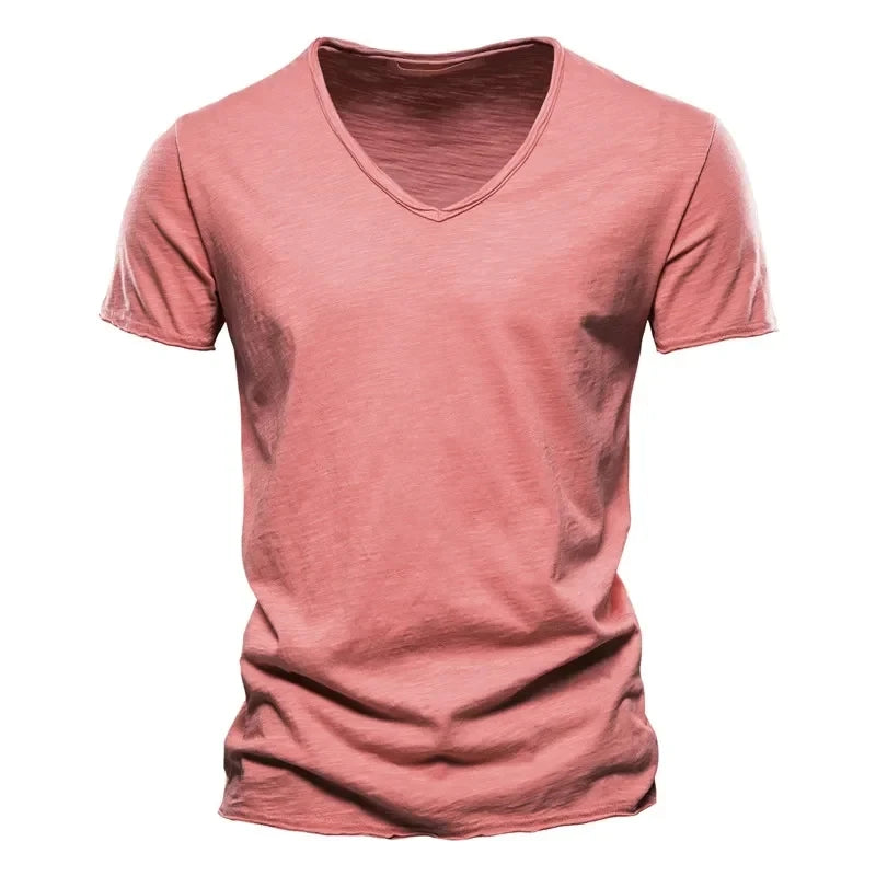 2025 New Brand Quality 100% Cotton Men T-shirt V-neck Fashion Design Slim Fit T-shirts Male Tops Tees Short Sleeve T Shirt Men