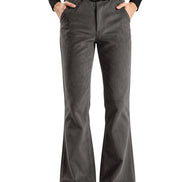 A person wearing dark gray flared pants with a black belt and black shoes, shown from the waist down against a plain white background.