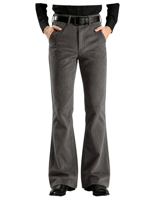 A person wearing dark gray flared pants with a black belt and black shoes, shown from the waist down against a plain white background.