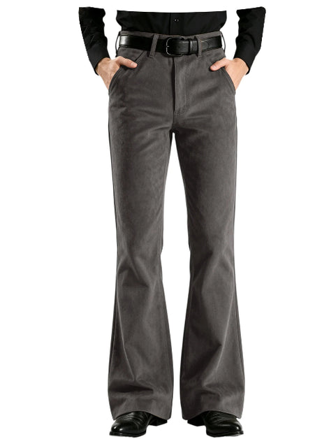 A person wearing dark gray flared pants with a black belt and black shoes, shown from the waist down against a plain white background.