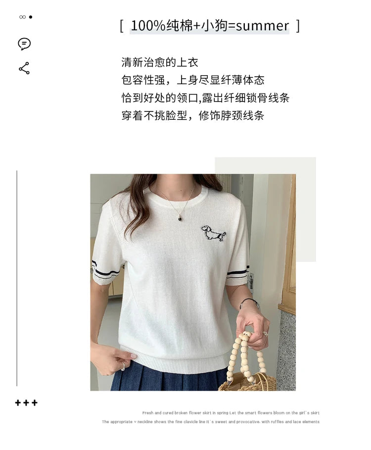 Summer 100% cotton women's T-shirt casual solid color knitted pullover short sleeved loose round neck Tees Pull embroidered Tops