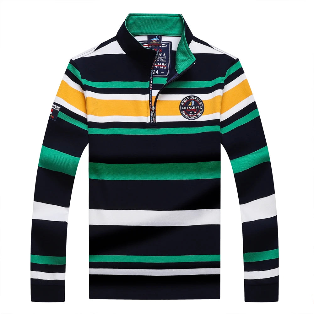 TACE&SHARK Brand Men‘s Casual Long Sleeve Striped Polo Shirt Cotton Blend Knitted Top Fashion Business Embroidery
