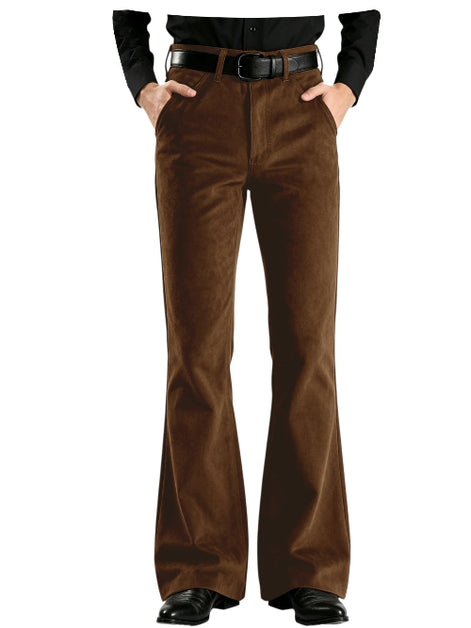 A person wearing brown flared pants with a black belt, black long-sleeve top, and black shoes, shown against a plain white background.