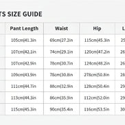 Table displaying pant size chart with measurements for waist, hip, and leg cuff.