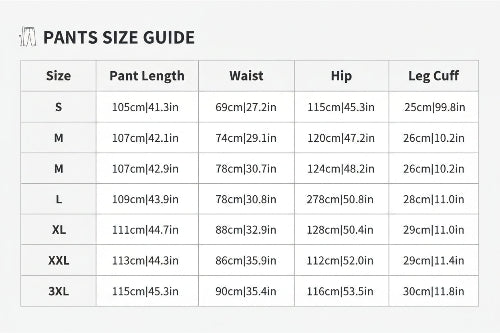 Table displaying pant size chart with measurements for waist, hip, and leg cuff.