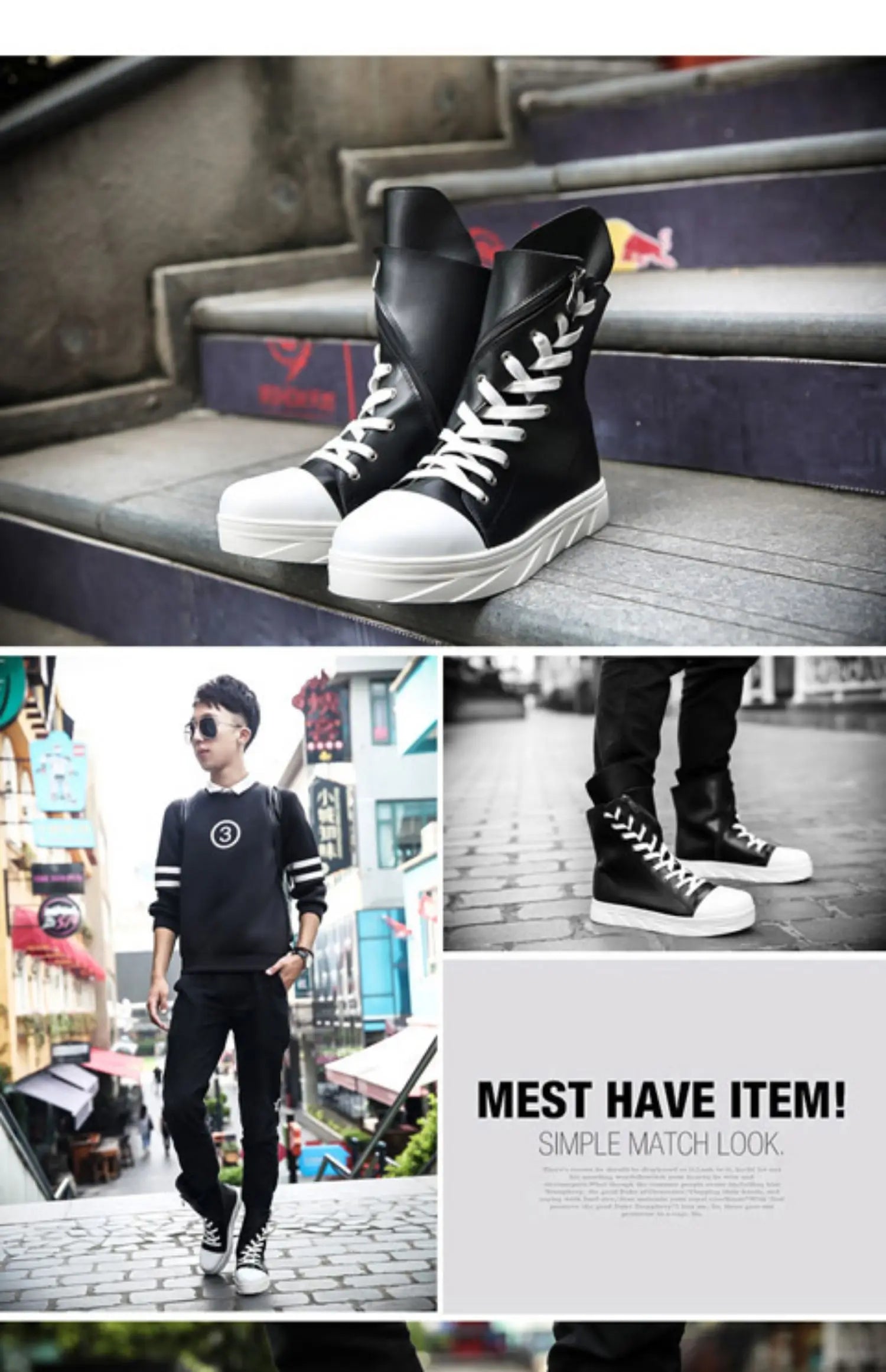 Men 6 cm Height Increasing Platform Boots Back Zip Leather Shoes Male Mixed Colors Y3 High Top Black White Men's Boots
