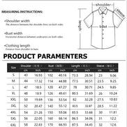 Measurement chart for shirt sizes with shoulder, bust, and length dimensions.